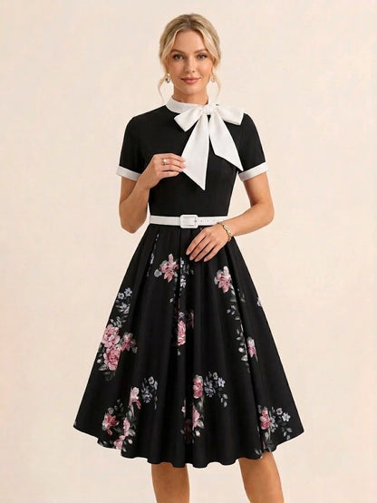 Vintage 1950s Midi Dress For Women - Bow Tie Neck Printed A-Line Swing Dress - Spring Tea Party 2026