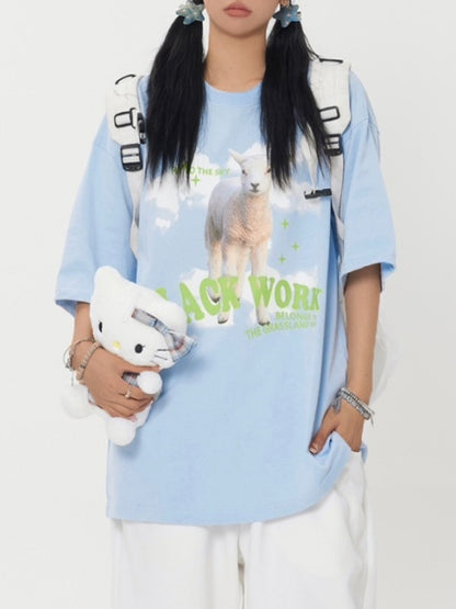 Cute Sheep Print Oversized Short Sleeve Tee