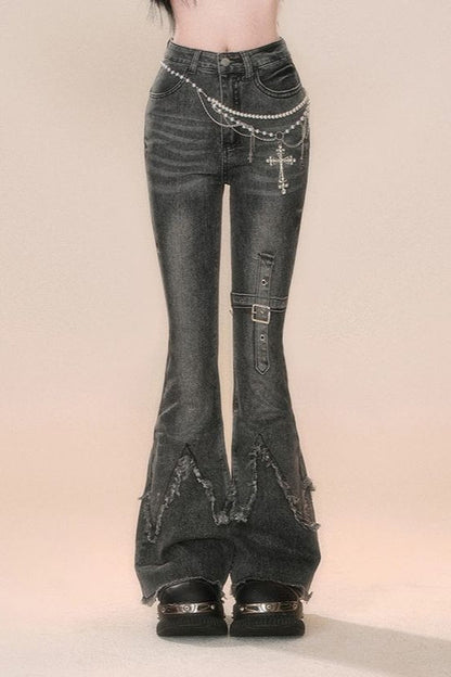 Retro High-Waist Slim Flare Denim Pants