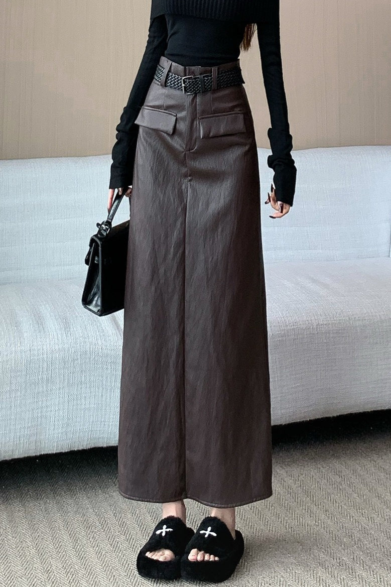 Chic PU Leather Pocketed Straight Maxi Skirt