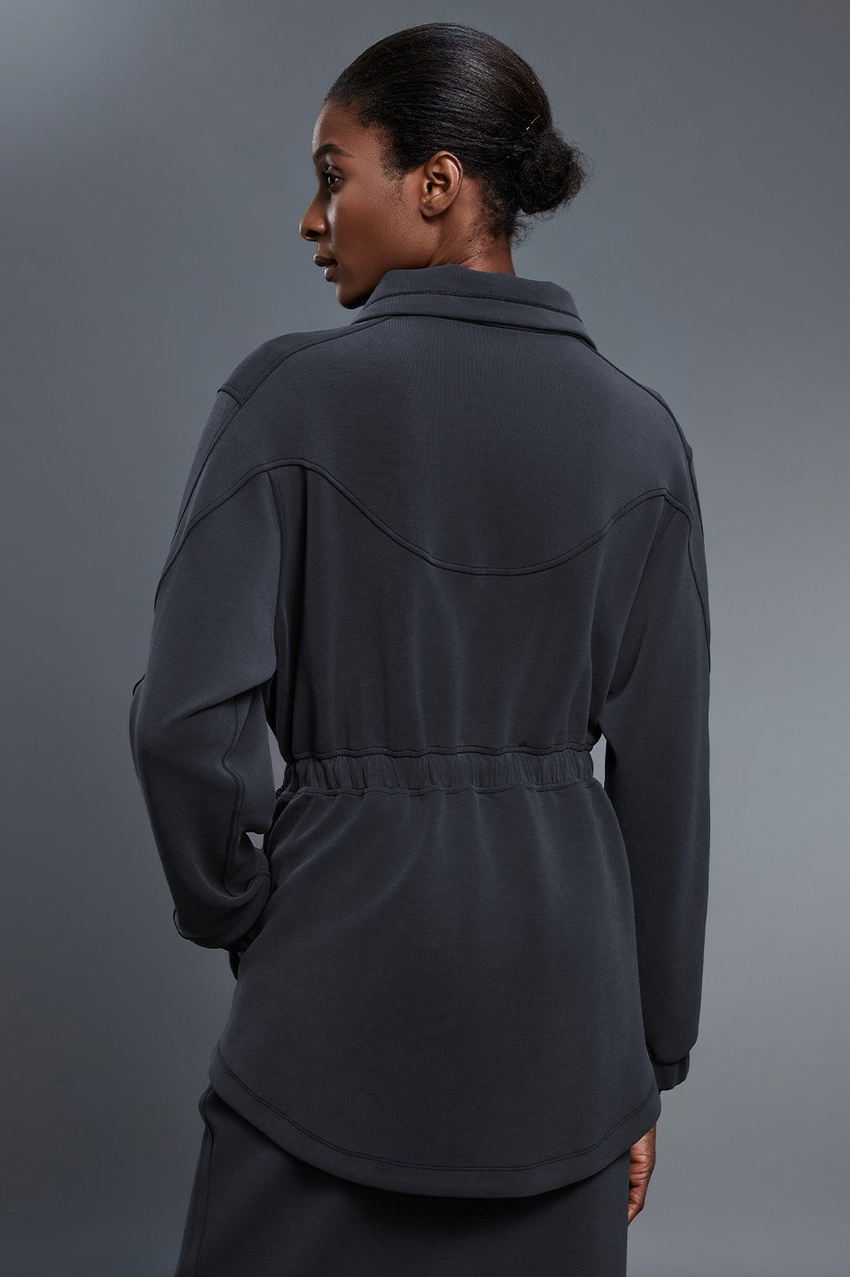 Air Layer Stand Collar Drawstring Waist Mid Length Jacket