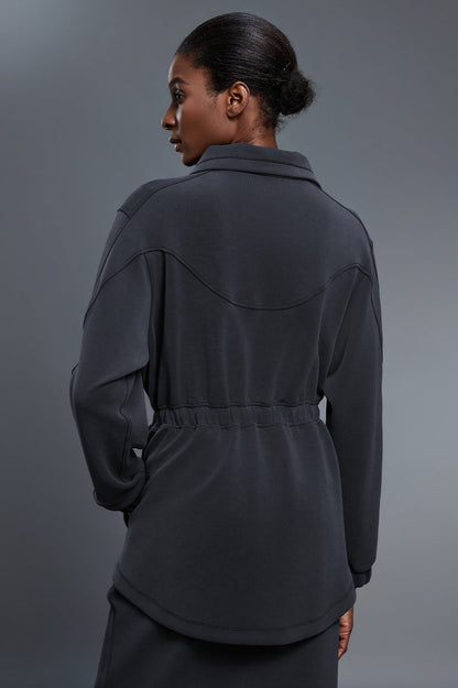 Air Layer Stand Collar Drawstring Waist Mid Length Jacket