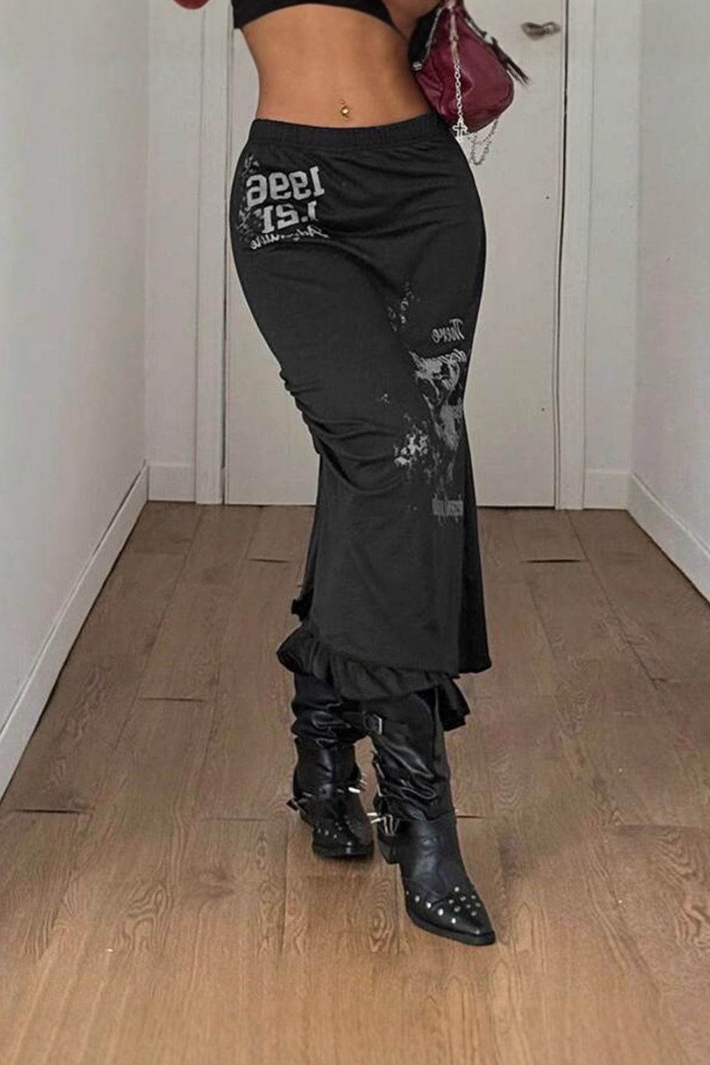Gothic Punk Print Ruffled Midi Skirt