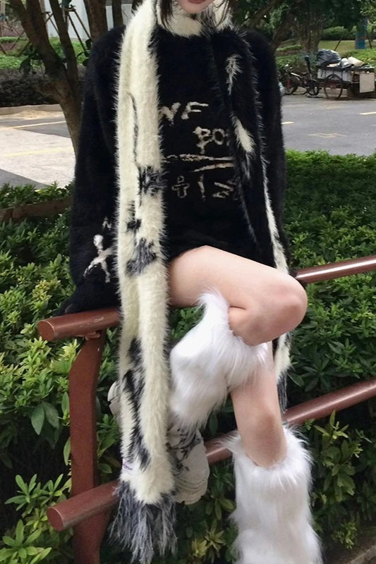 Y2K Black White Japanese Cute Cartoon Long Luxury Warm Autumn Winter Scarf