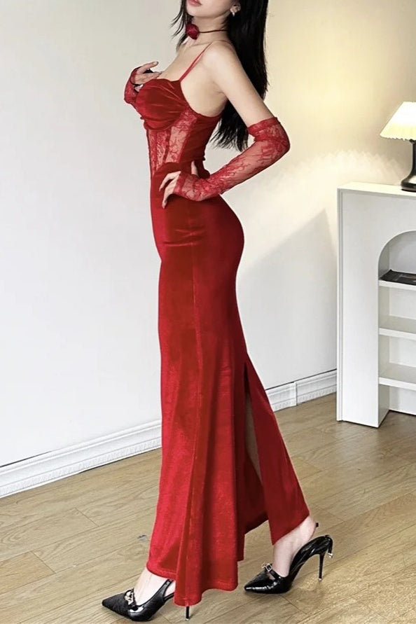 Winter Lace Fishbone Sling Sleeve Formal Maxi Dress