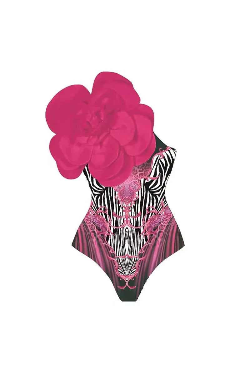 Traje de baño con estampado floral 3D de color magenta
