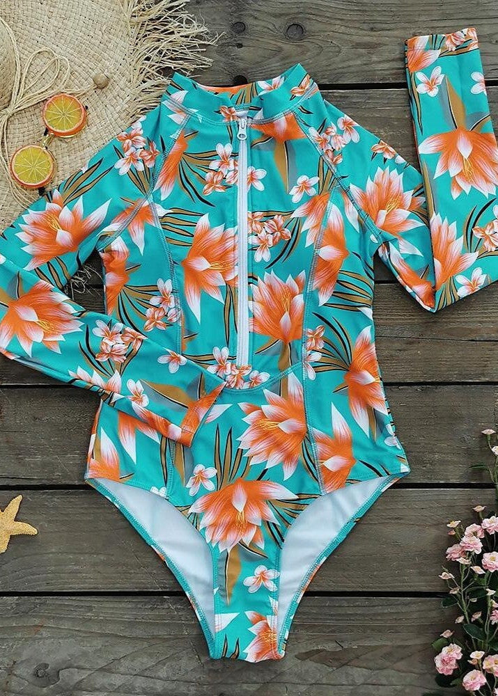 Tropical Surf - Long Sleeve One-Piece Swimsuit with Zip Front