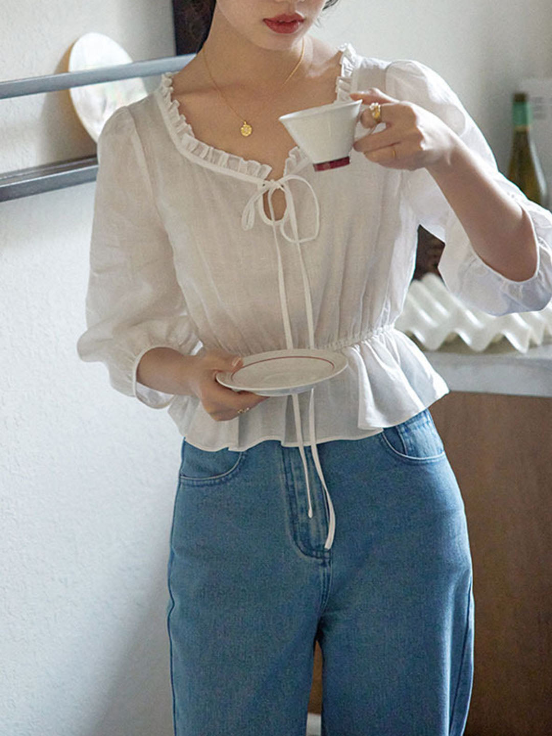 Judy Classic Lace V-neck Cotton Tie Shirt