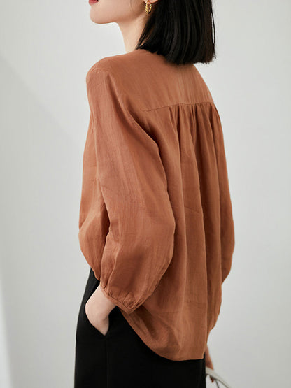 Molly Elegant Puff Sleeve Loose Shirt-Khaki