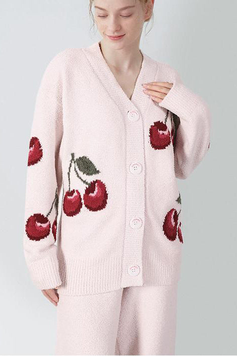 Conjunto de pijama tipo cárdigan de terciopelo suave con cerezas