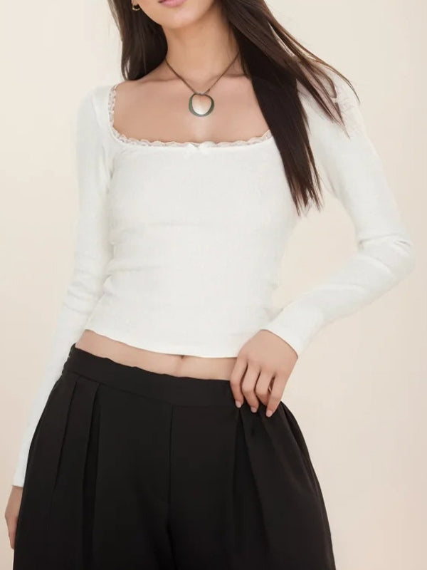 Solid Color Lace Stitching Slim Fit Long Sleeve Knits