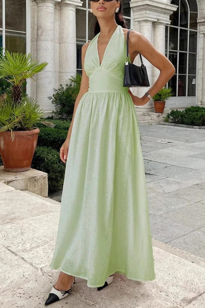 Solid Color Halter Neck Tie Elegant Backless Waist-cinching Maxi Dress