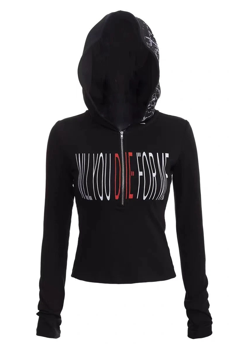 Gothic Graphic Hooded Long Sleeve  Crop Top