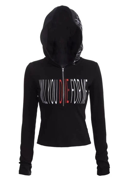 Gothic Graphic Hooded Long Sleeve  Crop Top
