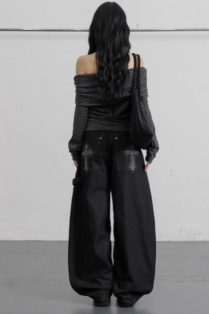 Leopard Cross Studded Wide Leg Jeans