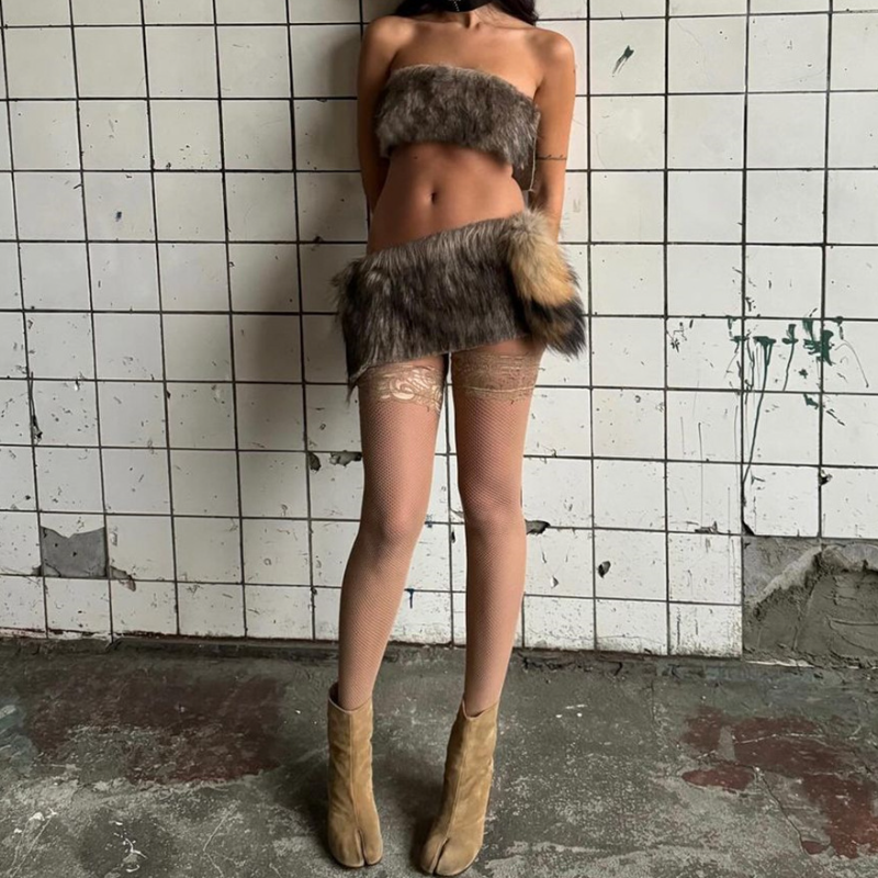Fluffy backless contrast tube mini skirt set  | Festival Outfits Women