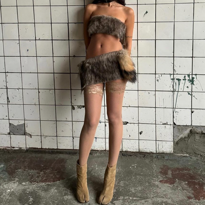 Fluffy backless contrast tube mini skirt set  | Festival Outfits Women