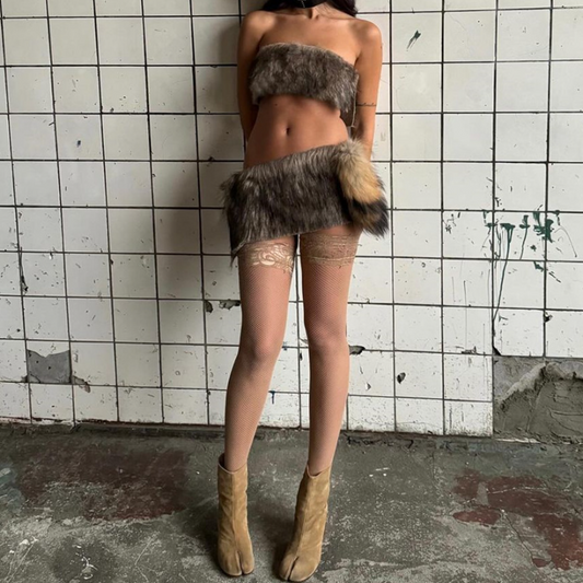 Fluffy backless contrast tube mini skirt set  | Festival Outfits Women