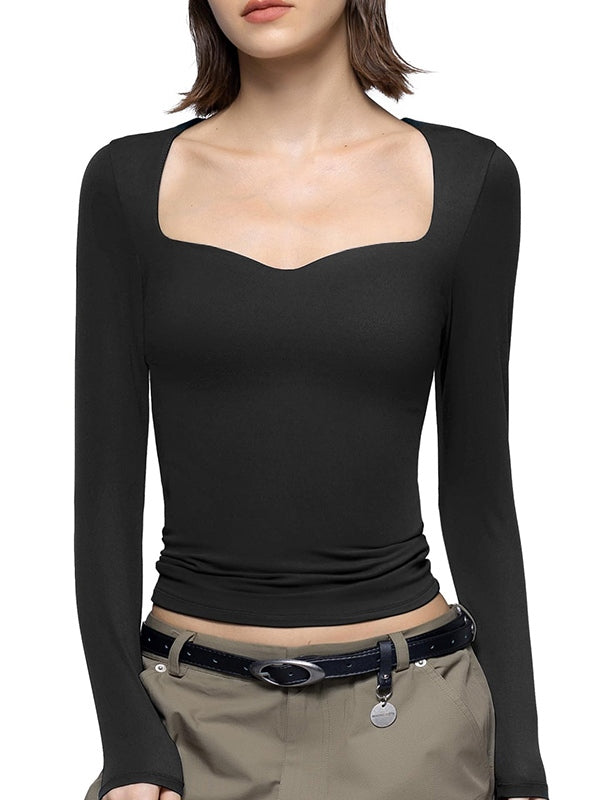 Solid Sweetheart Neck Slim Long Sleeve Tee