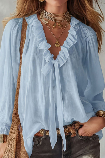 Stylish Long-sleeved V-neck Tie Loose Shirt Top