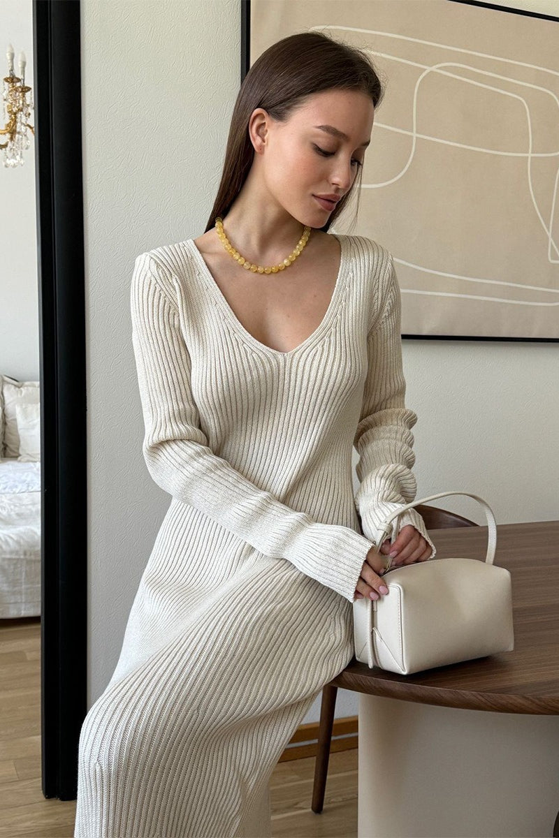 V-Neck Long Sleeve Knit Sweater Dress