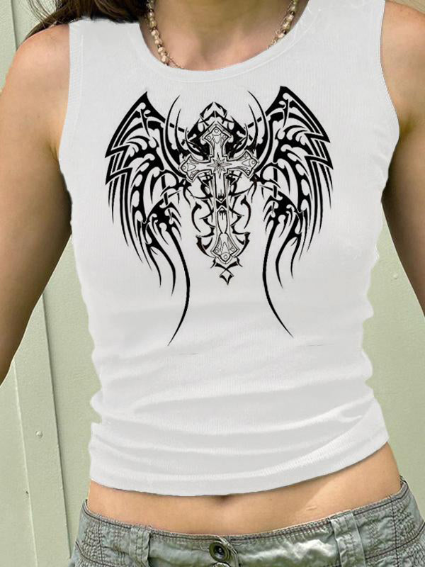 Dark Style Cross Wings Print Ribbed Cropped Tank Top