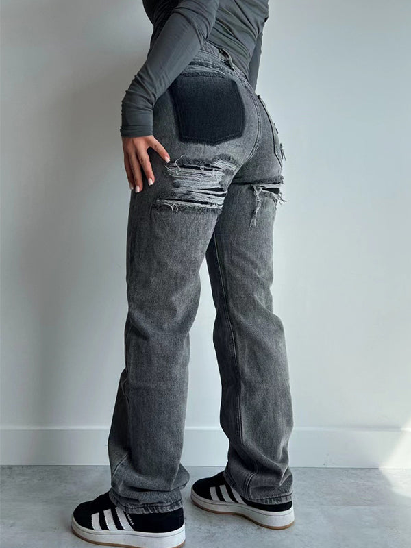 Distressed Print Straight Jeans