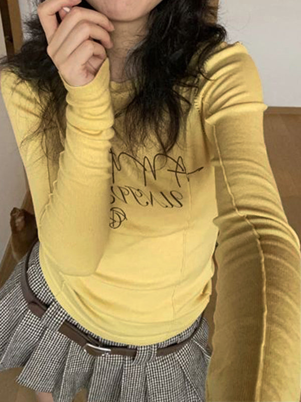 Letter Print Splice Slim Long Sleeve Tee