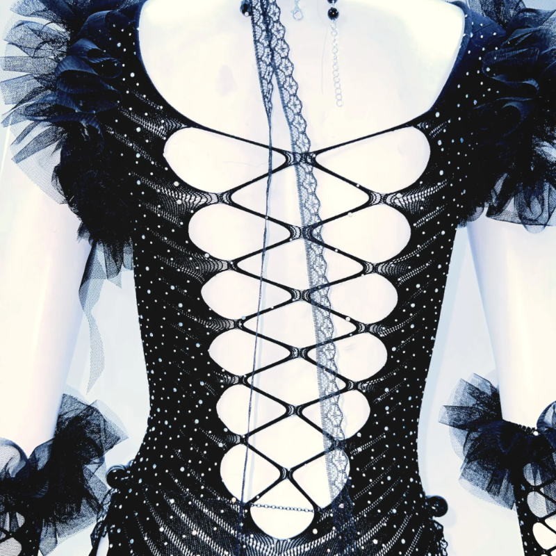 Hollow out beaded bowknot gloves ruffle mini dress  | Festival Outfits Women