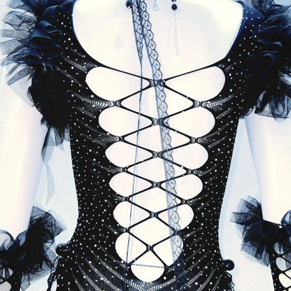 Hollow out beaded bowknot gloves ruffle mini dress  | Festival Outfits Women