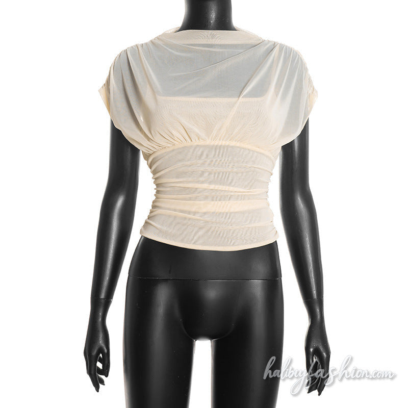 Ruched mesh crewneck solid top