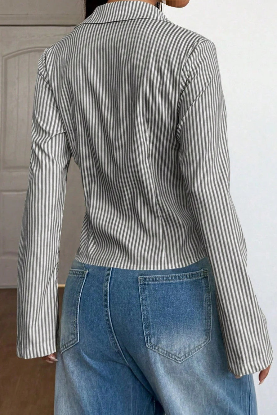 V Neck Striped Long Sleeve Blouse