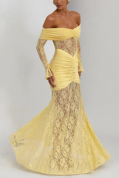 Solid Color Patchwork Lace Off-shoulder Long-sleeved Pleated Slim-fit Maxi Dress