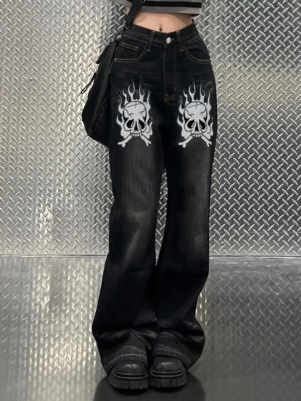 Washed Skull Print Boyfriend Jeans