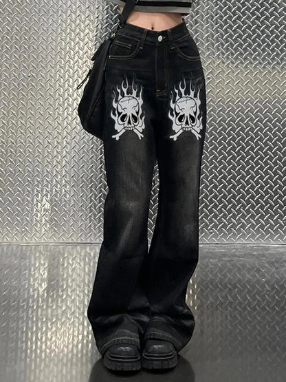 Washed Skull Print Boyfriend Jeans
