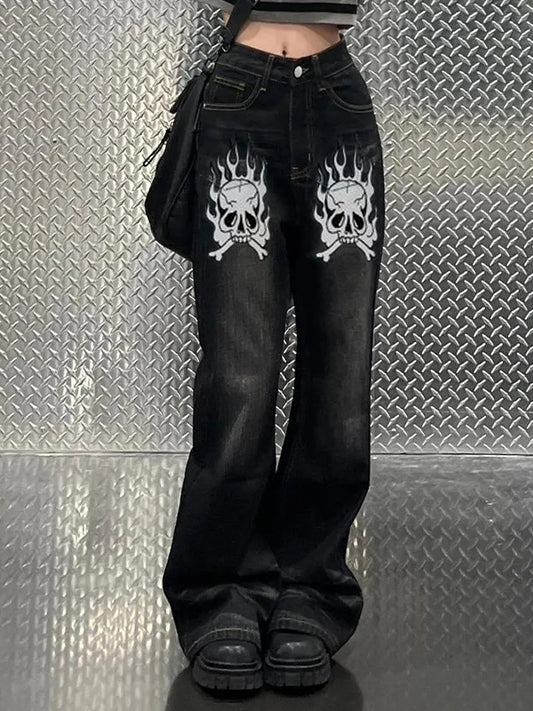Washed Skull Print Boyfriend Jeans