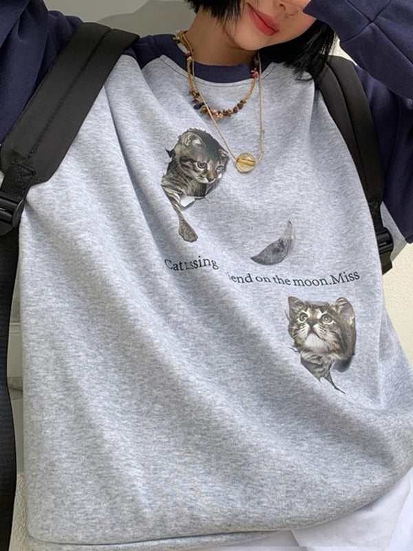 Cat Print Raglan Fleece Oversized Hoodie
