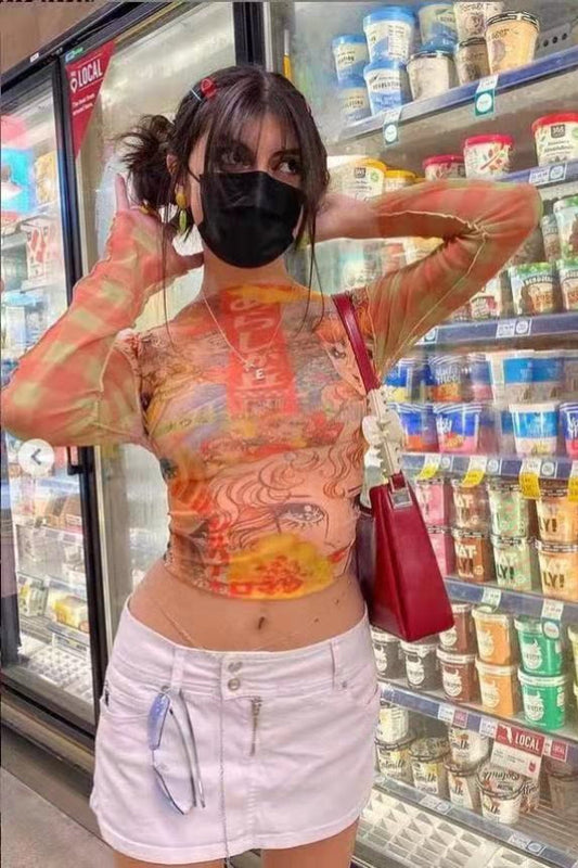 Trendy Sheer Mesh Long Sleeve Graphic Mesh Top