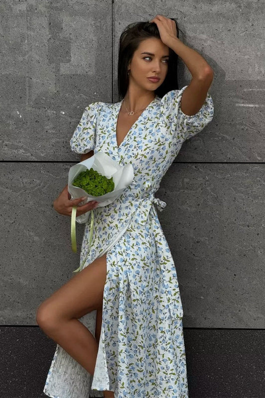 Printed Puff Sleeve Cotton Midi Dress