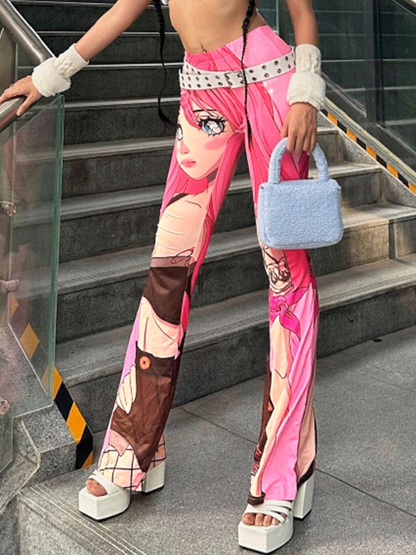 Y2K Printed Flare Leg Pants