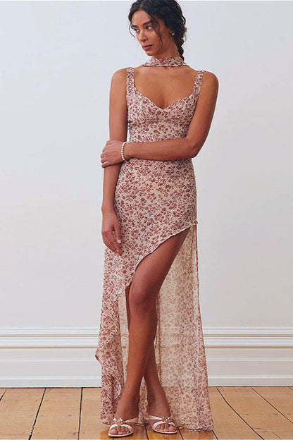 Tie Strap Backless Split Floral Dress