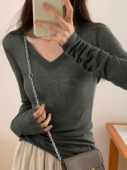 Ribbed V Neck Slim Long Sleeve Knit
