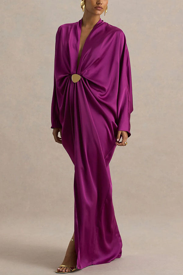 Tina Satin Plunge V-neck Gold Trim Detail Long Batwing Sleeve Maxi Dress