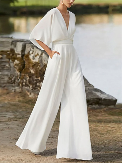 Women's Stylish V-Neck Wide-Leg Jumpsuit with Batwing Sleeves | Ideal for Spring/Summer