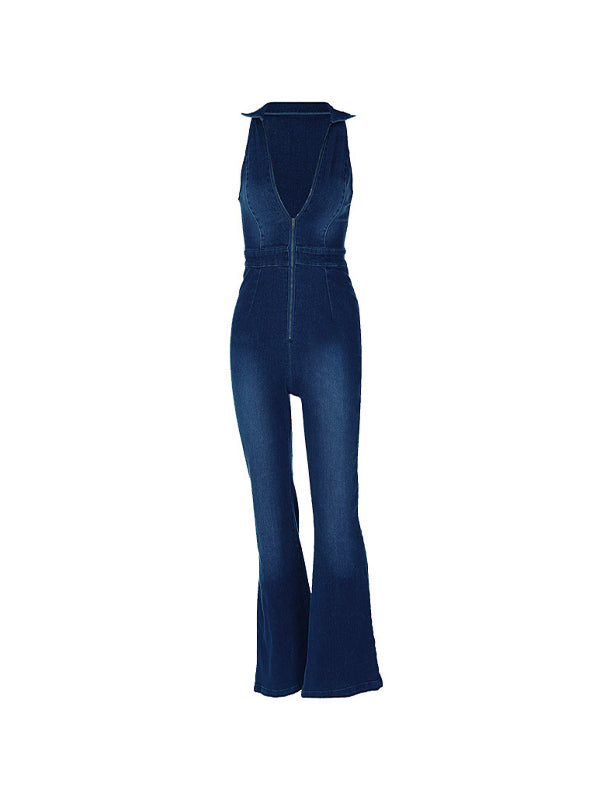 Lapel Neck Backless Zip Up High Rise Jumpsuits