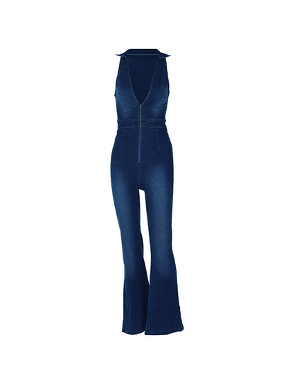 Lapel Neck Backless Zip Up High Rise Jumpsuits