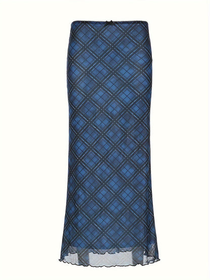 Y2K-Inspired Vintage Plaid Mesh Maxi Skirt with Bow Detail - Stretchy & Machine Washable, Elegant Two-Layer Design for Women