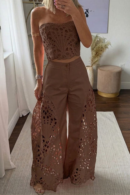 Sienna Embroidered Cut-Out Palazzo Pants Two-Piece Set