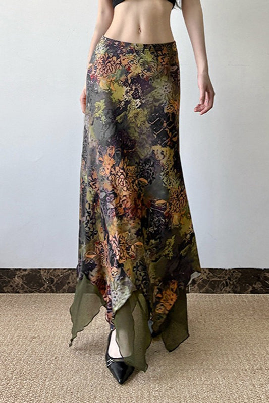 Botanical Print Mesh A-Line Maxi Skirt