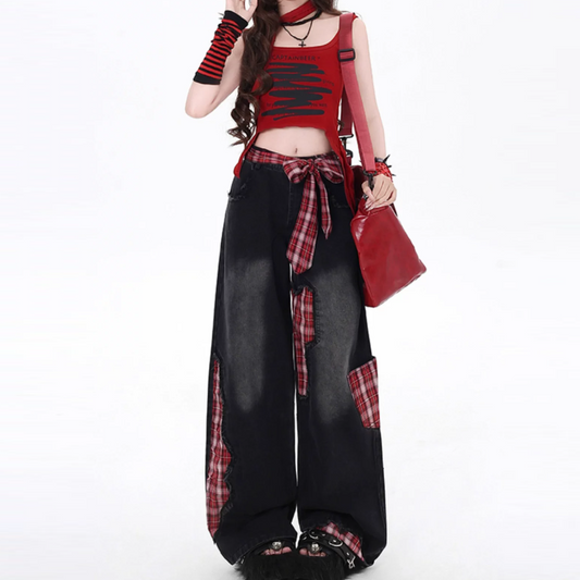 Plaid patchwork raw hem low rise straight leg | Baggy Low Rise Jeans  | Festival Outfits Women